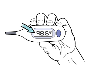 Hand holding digital rectal thermometer, arrow pointing to temperature reading.